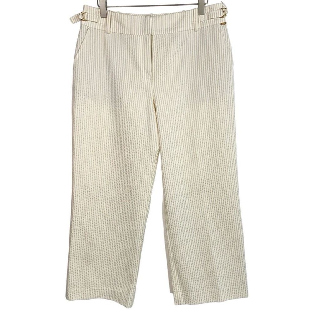 St. John Sport Beige White Striped Seersucker Wide Leg Cropped Pants 12